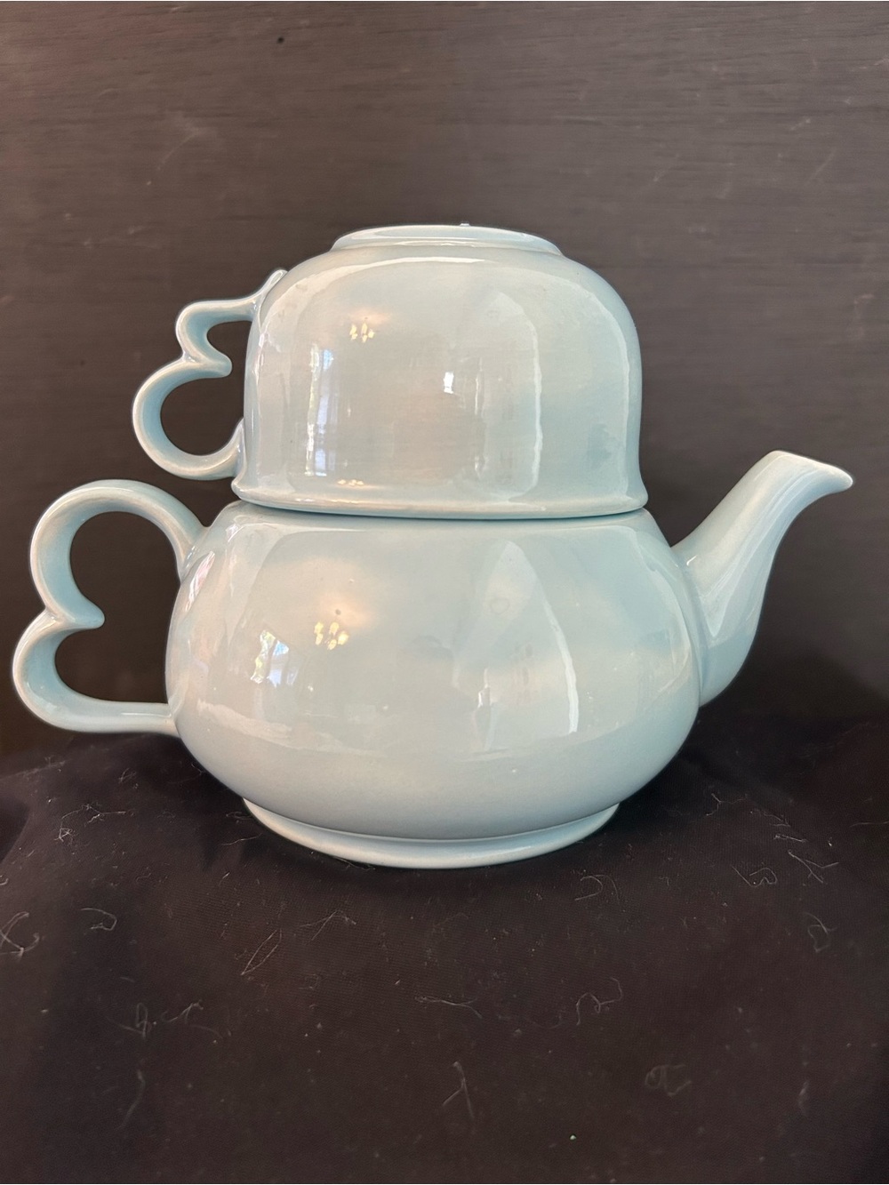 Ceramic Teapot for One and Cup Set in Light Blue - Elegant Heart-Handle Design
